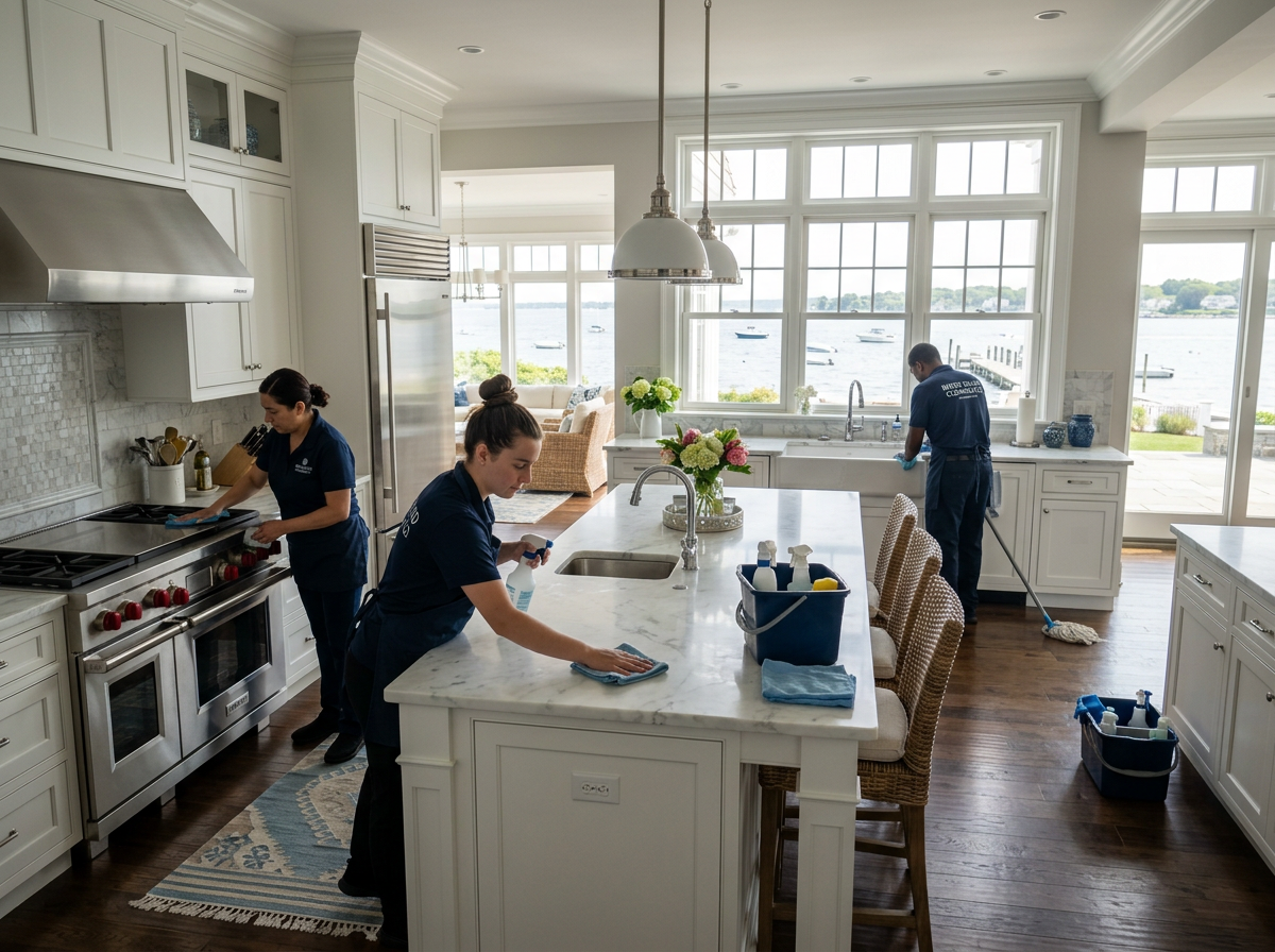 Patriots Cleaning Services team performing standard kitchen cleaning in a high-end Barrington, RI coastal home.