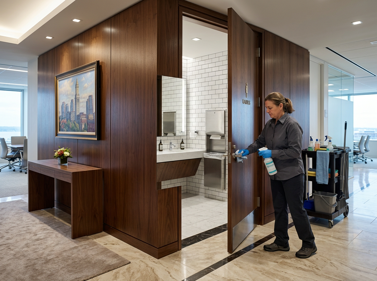 Patriots Cleaning Services staff sanitizing a luxury corporate office restroom door in Barrington, RI.