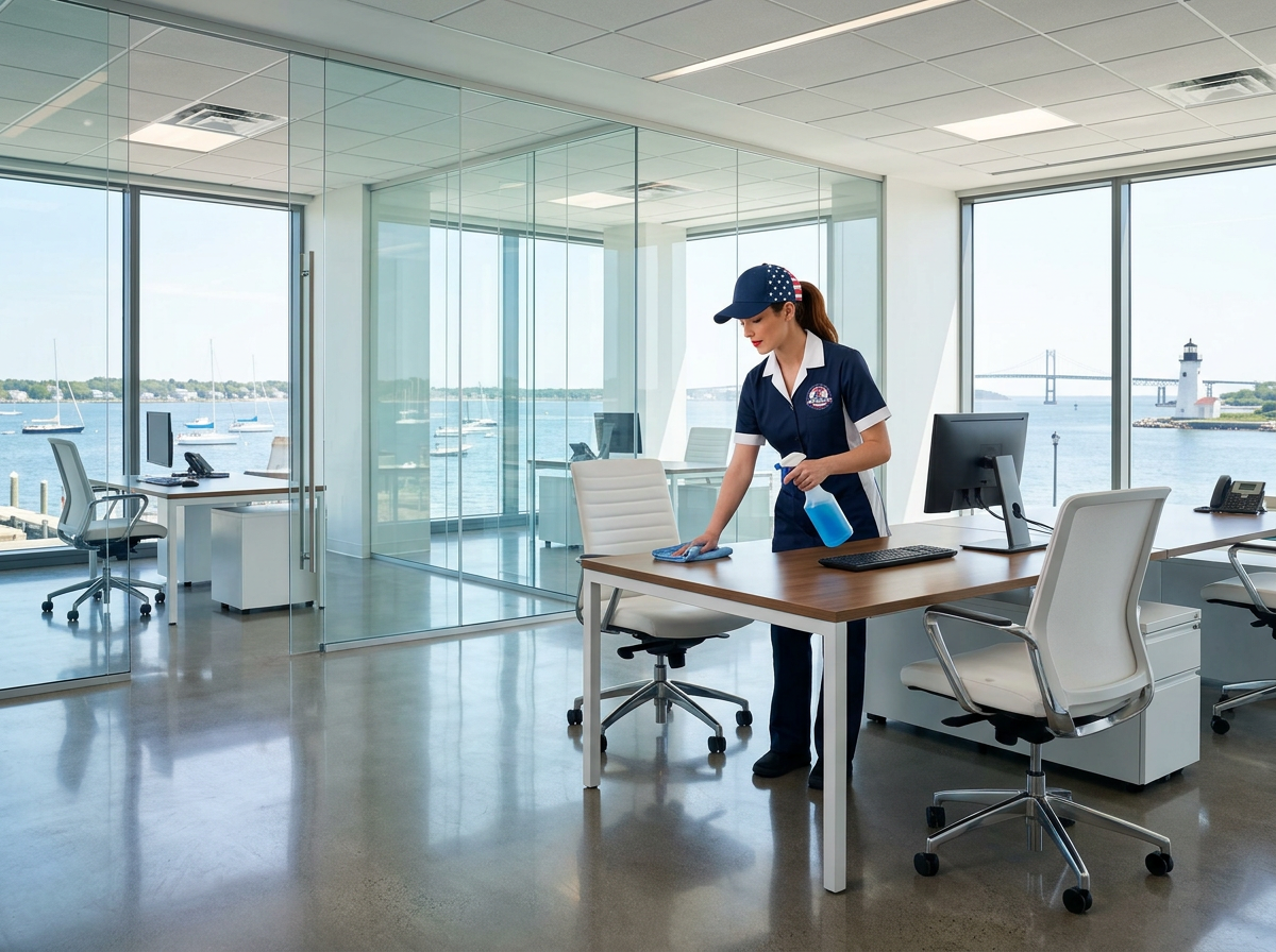 Patriots Cleaning Services staff sanitizing a desk at a high-end corporate office in Barrington, RI.