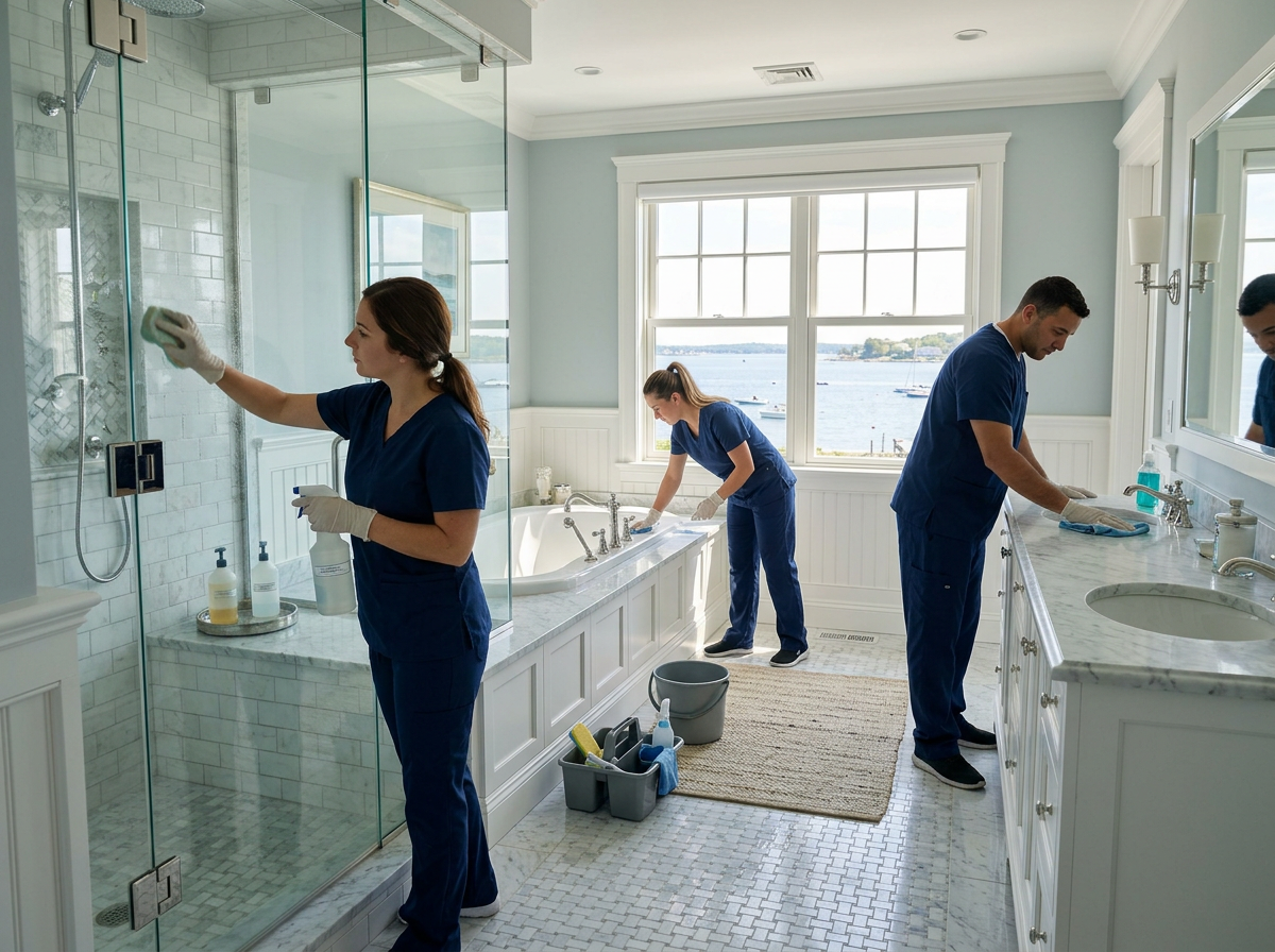 Patriots Cleaning Services team performing standard cleaning in a luxury Barrington, RI home bathroom.