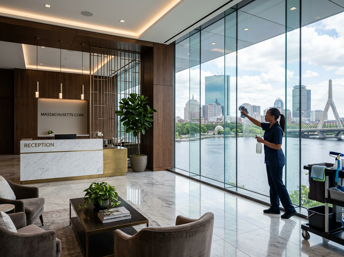 Patriots Cleaning Services custodian provides commercial cleaning for a high-end corporate lobby in Barrington, RI.