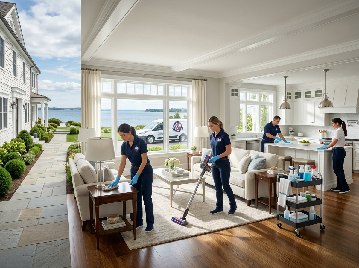 Patriots Cleaning Services team providing premium standard home cleaning for a luxury coastal estate in Jamestown, RI.