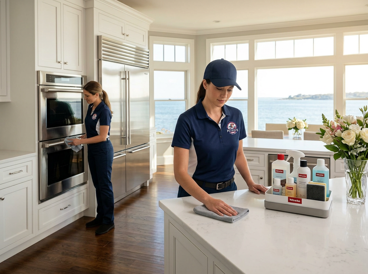 Patriots Cleaning Services team providing premium standard house cleaning for a luxury kitchen in Barrington, RI.