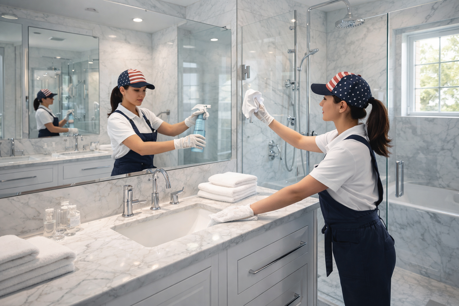 Patriots Cleaning Services staff polishing a mirror and marble counter in a luxury East Greenwich, RI bathroom.