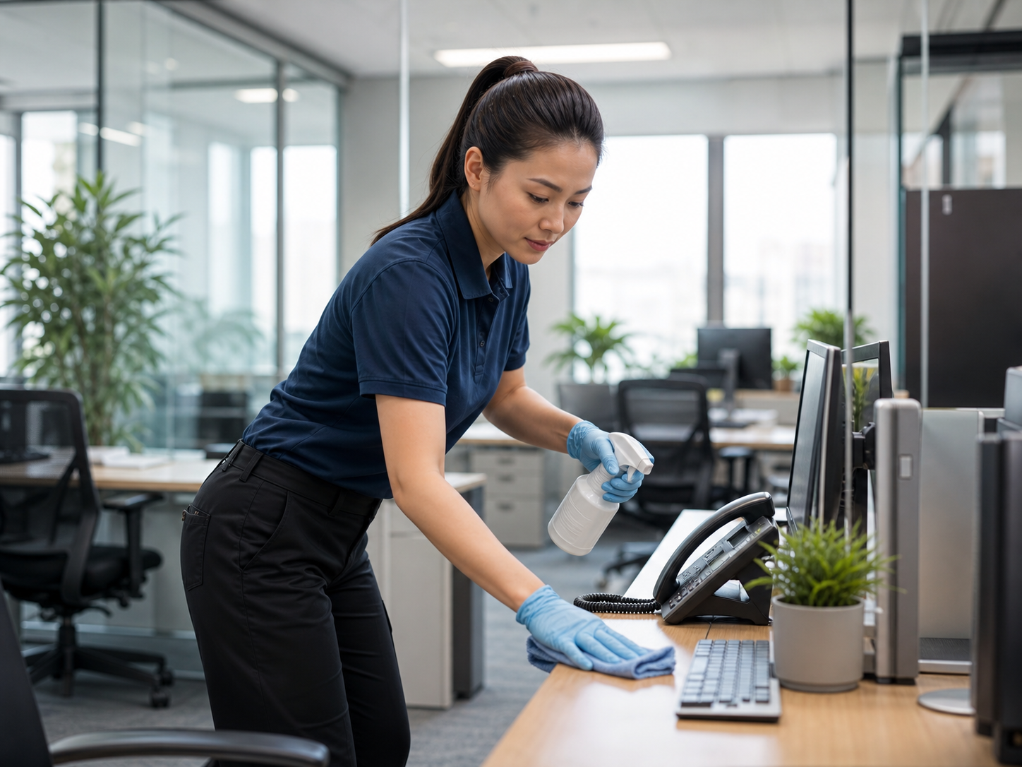 Patriots Cleaning Services specialist cleaning a modern office desk at a corporate facility in Rehoboth, Massachusetts.