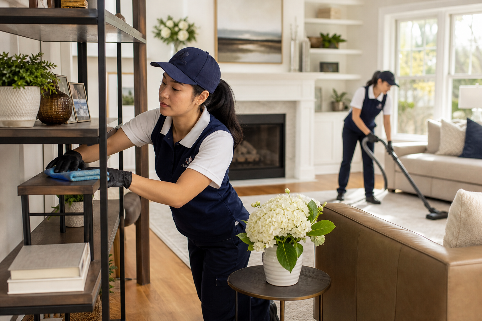 Patriots Cleaning Services team cleaning a luxury living room with detailed dusting and vacuuming in Rehobot
