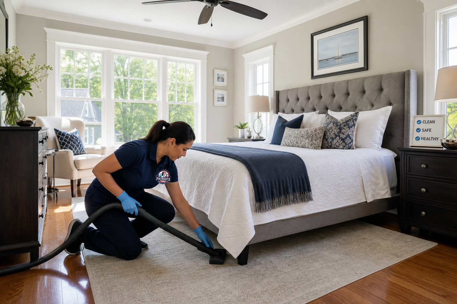 Patriots Cleaning Services staff using a vacuum to clean a luxury bedroom in Rehoboth, MA.