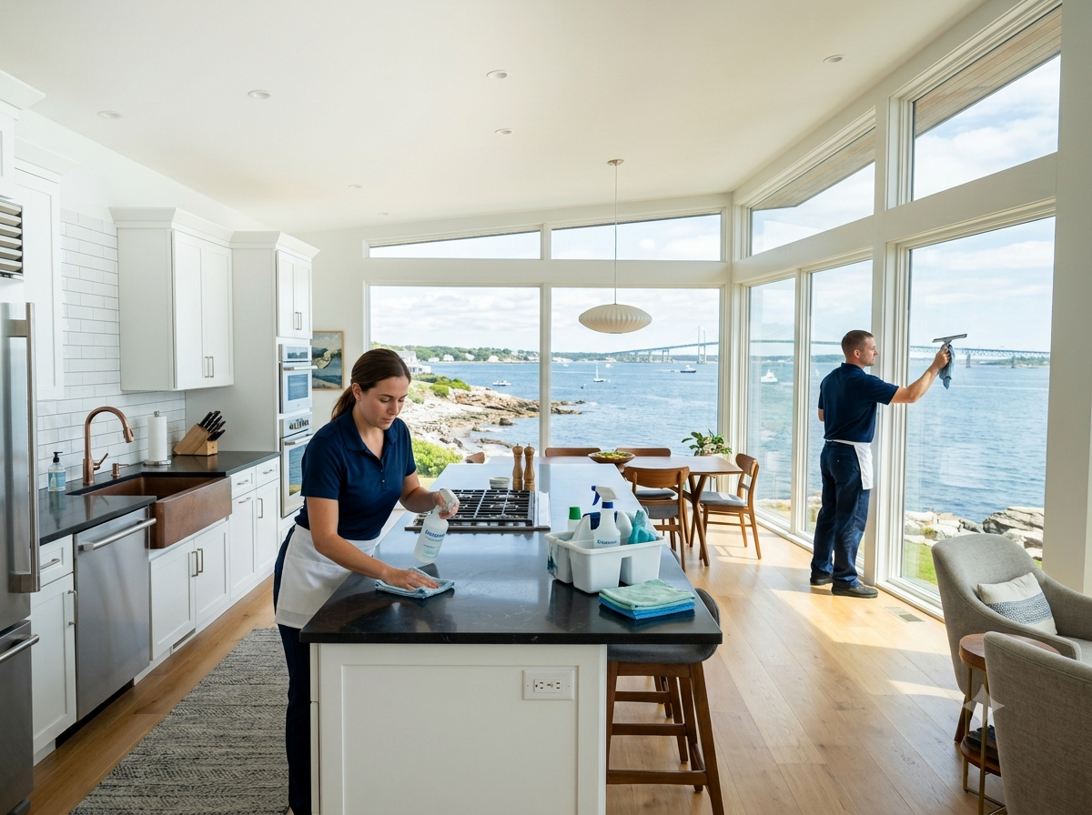 Patriots Cleaning Services crew providing premium standard home cleaning for a coastal estate in Jamestown, RI.