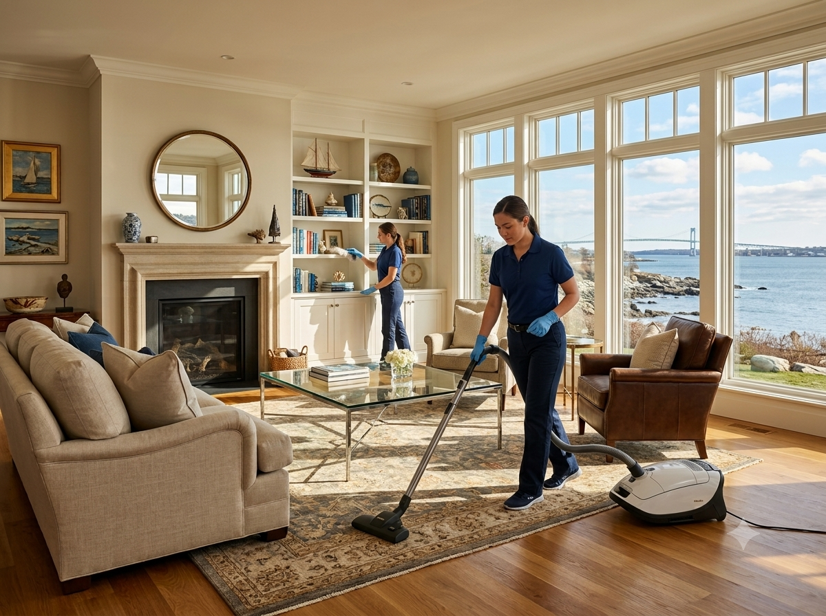 Patriots Cleaning Services team providing premium standard house cleaning for a luxury living room in Barrington, RI.