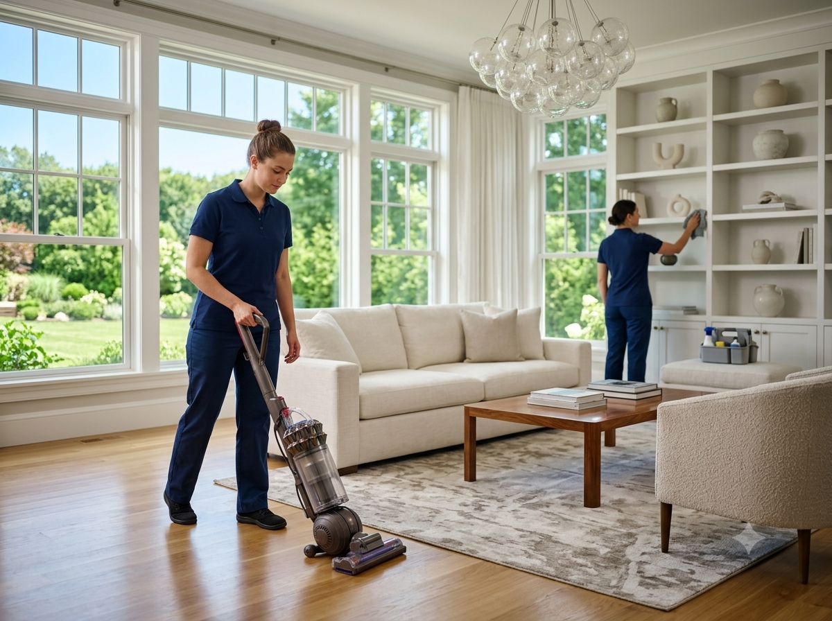 Patriots Cleaning Services staff vacuuming a rug and dusting built-in shelves in an East Greenwich, RI luxury home.
