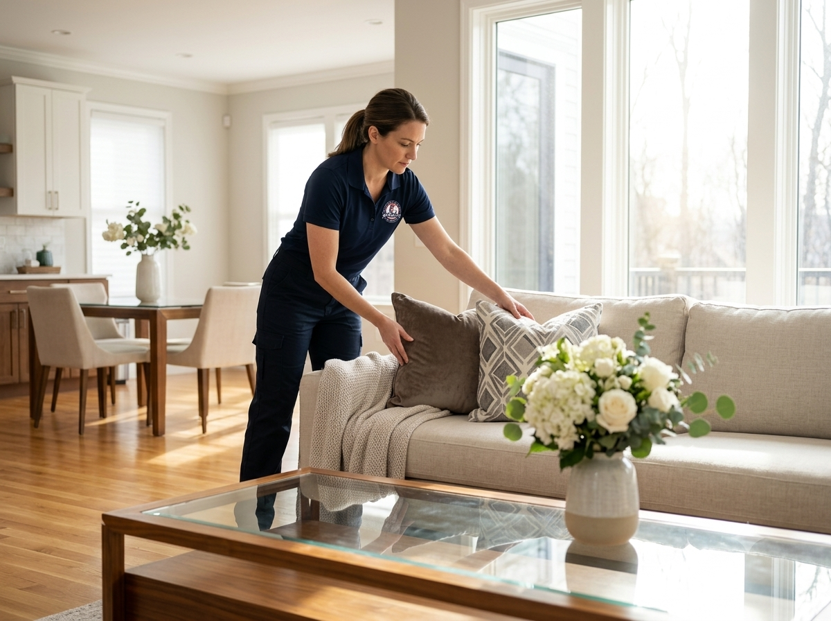 Patriots Cleaning Services uniform staff arranging pillows on a luxury sofa for a house cleaning in Rehoboth, MA.