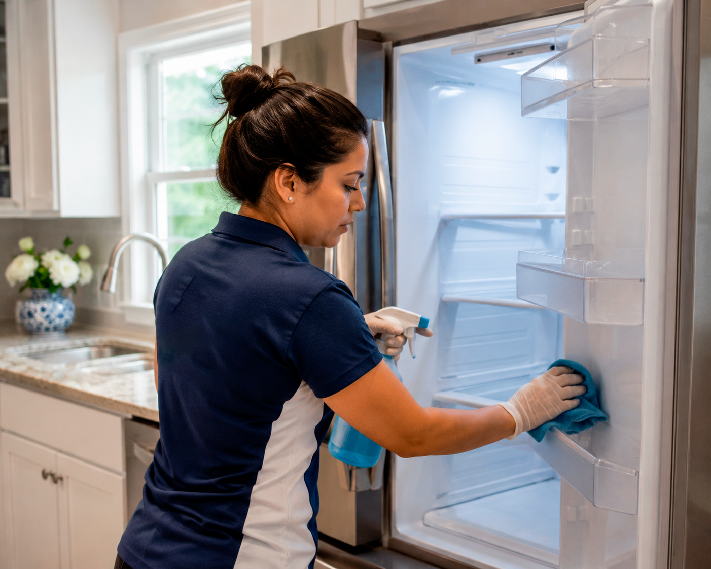 Patriots Cleaning Services staff sanitizing an open stainless steel refrigerator in an East Greenwich, RI kitchen.