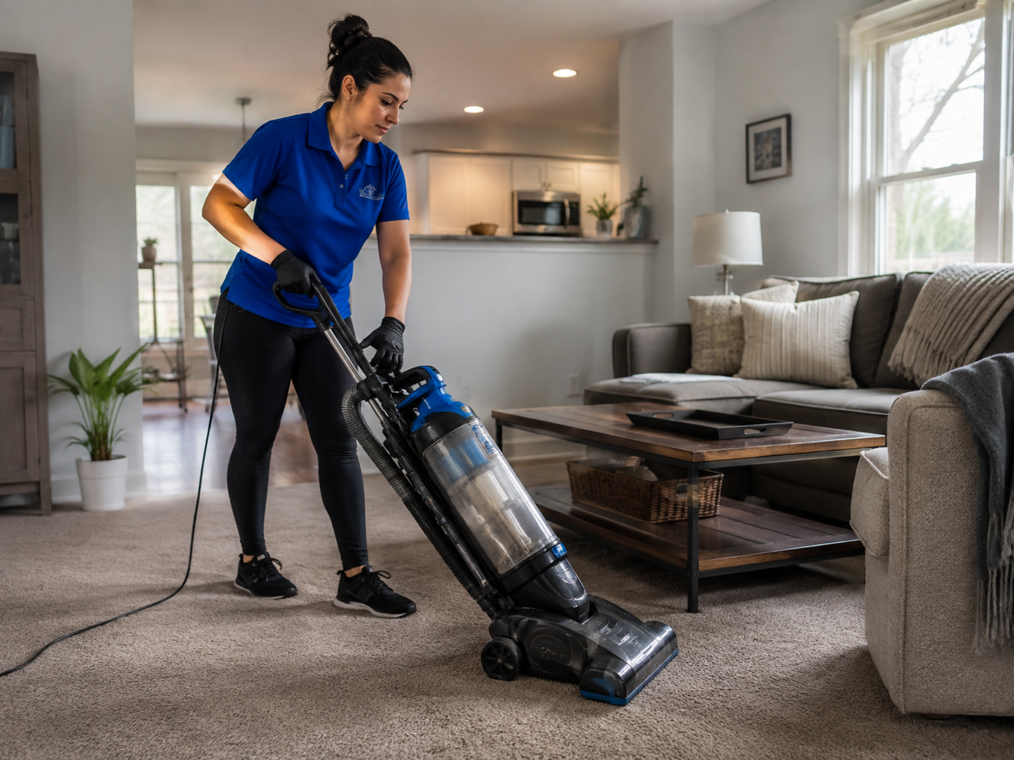 A woman in uniform cleaning a carpet with a vacuum cleaner.
