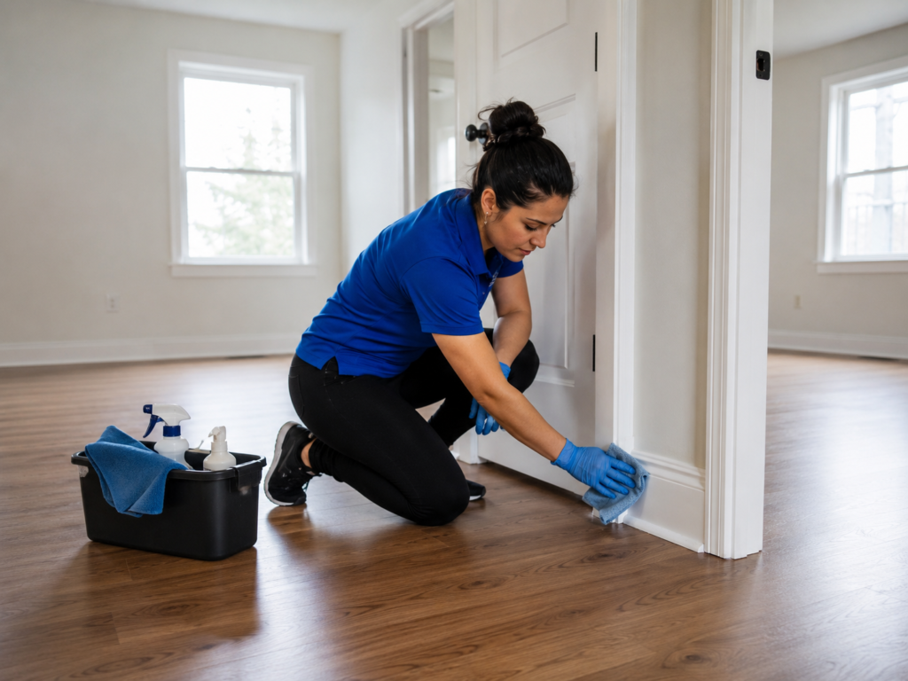woman cleaning the baseboard of the house