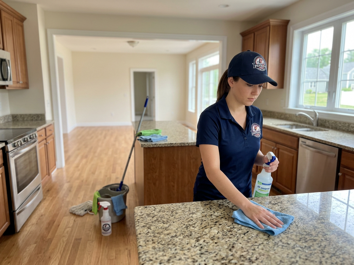 woman in uniform cleaning a stone counter