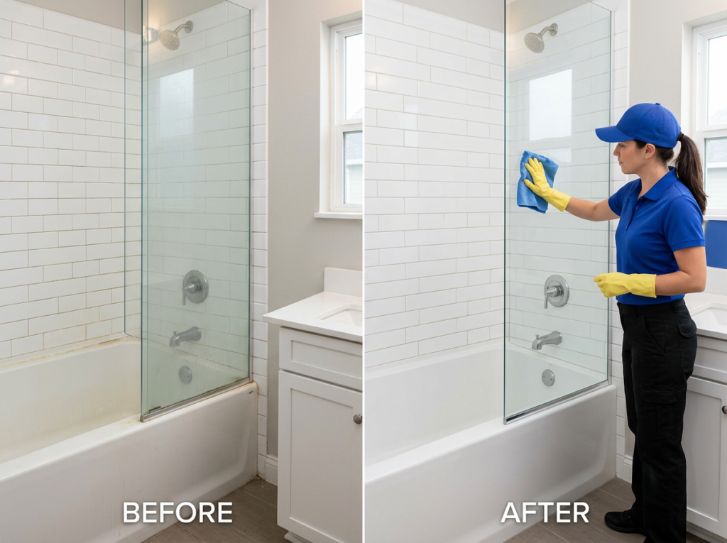 before and after a bathroom glass cleaning