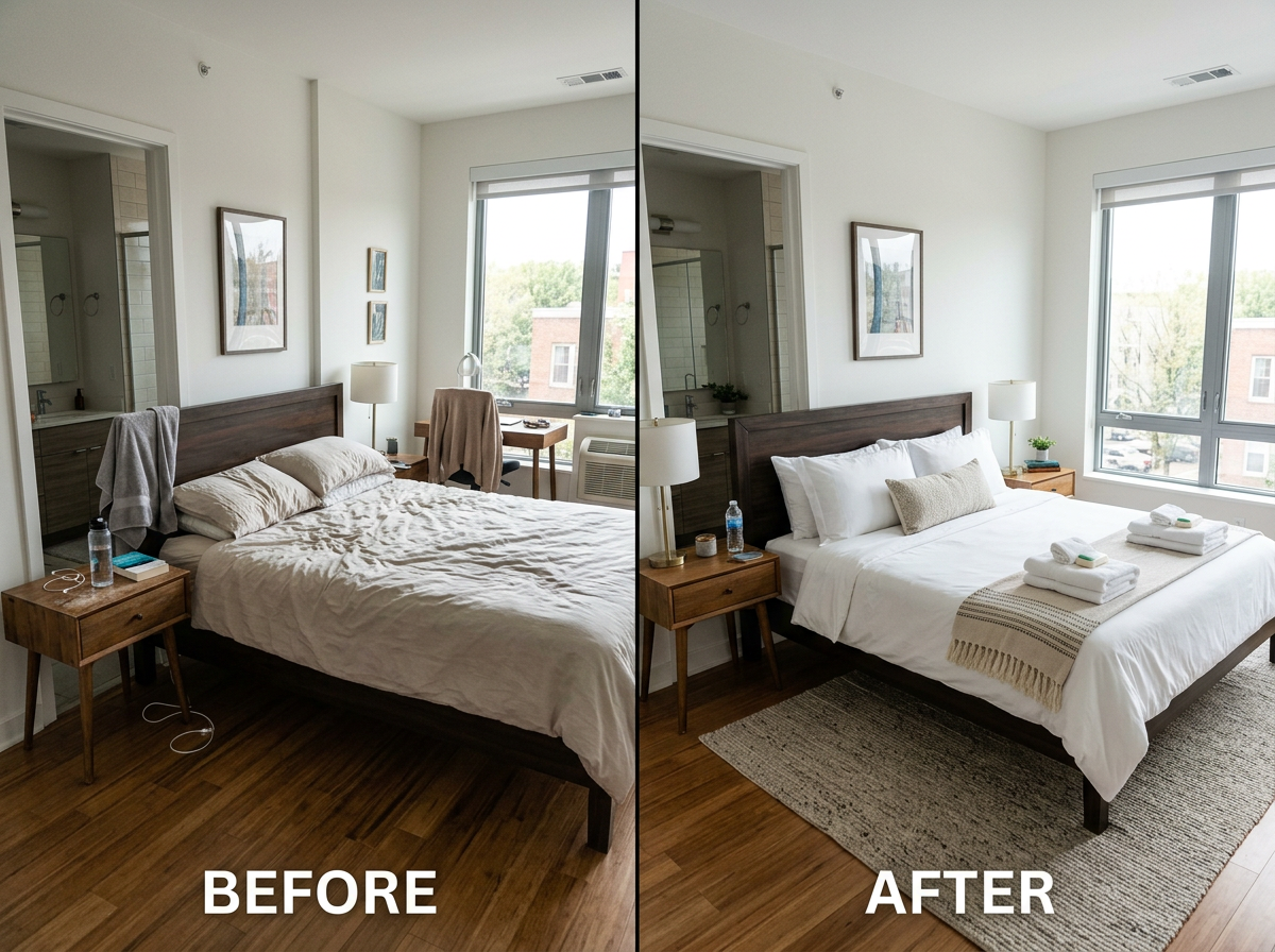 before and after of a messy bed
