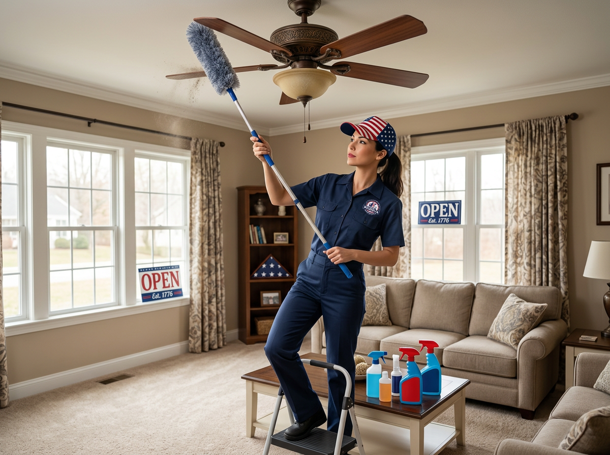 A woman in uniform cleaning a ceiling fan.
