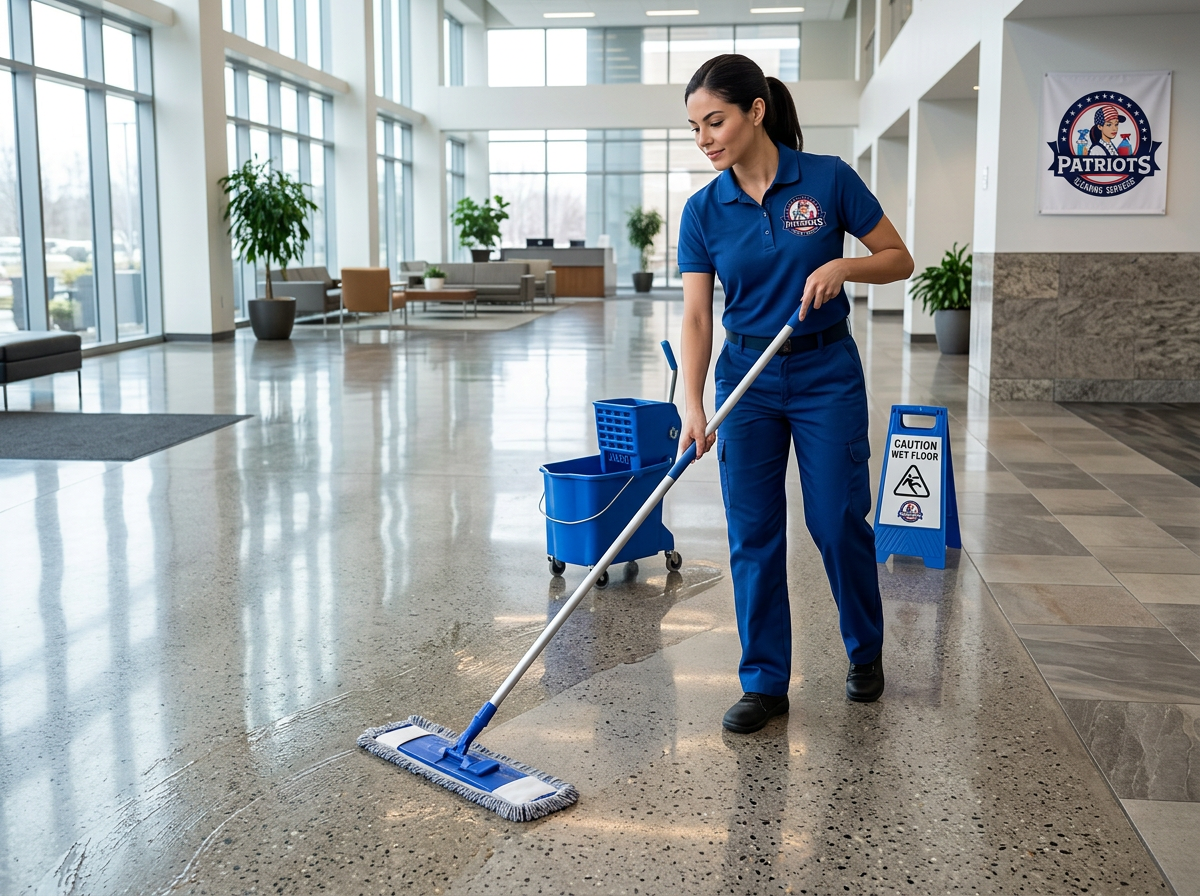 woman cleaning the floor at a company entrance