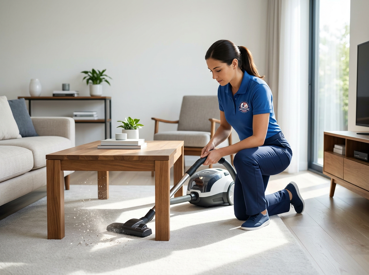 woman cleaning the living room carpet