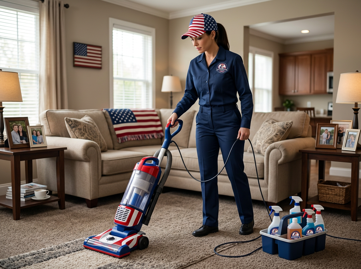 Woman wearing a company uniform cleaning the carpet at home