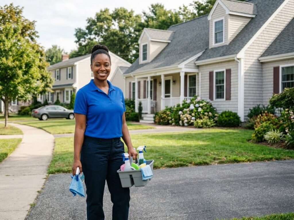 Black woman holding a bucket of cleaning supplies and a cloth in a landscape in front of a house.