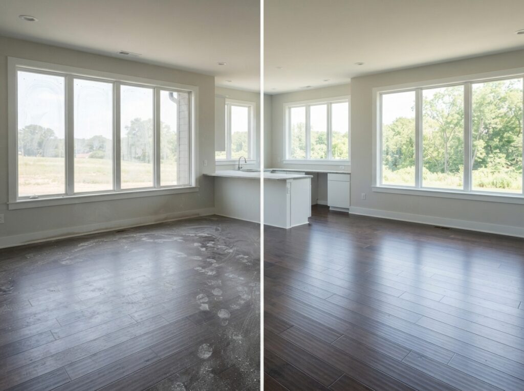 Before-and-after image of a post-construction cleanup; image of an empty room with wood flooring, glass windows, walls, and a ceiling.