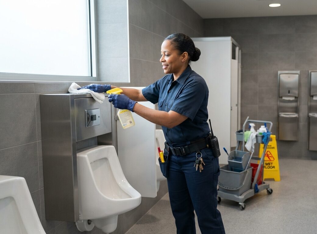 female custodian cleaning a restroom