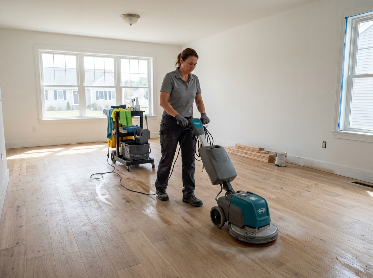 A woman in uniform using a floor cleaning machine in a large room.
