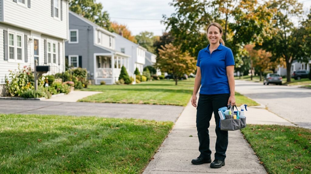 White woman holding a bucket of cleaning supplies in front of a house.