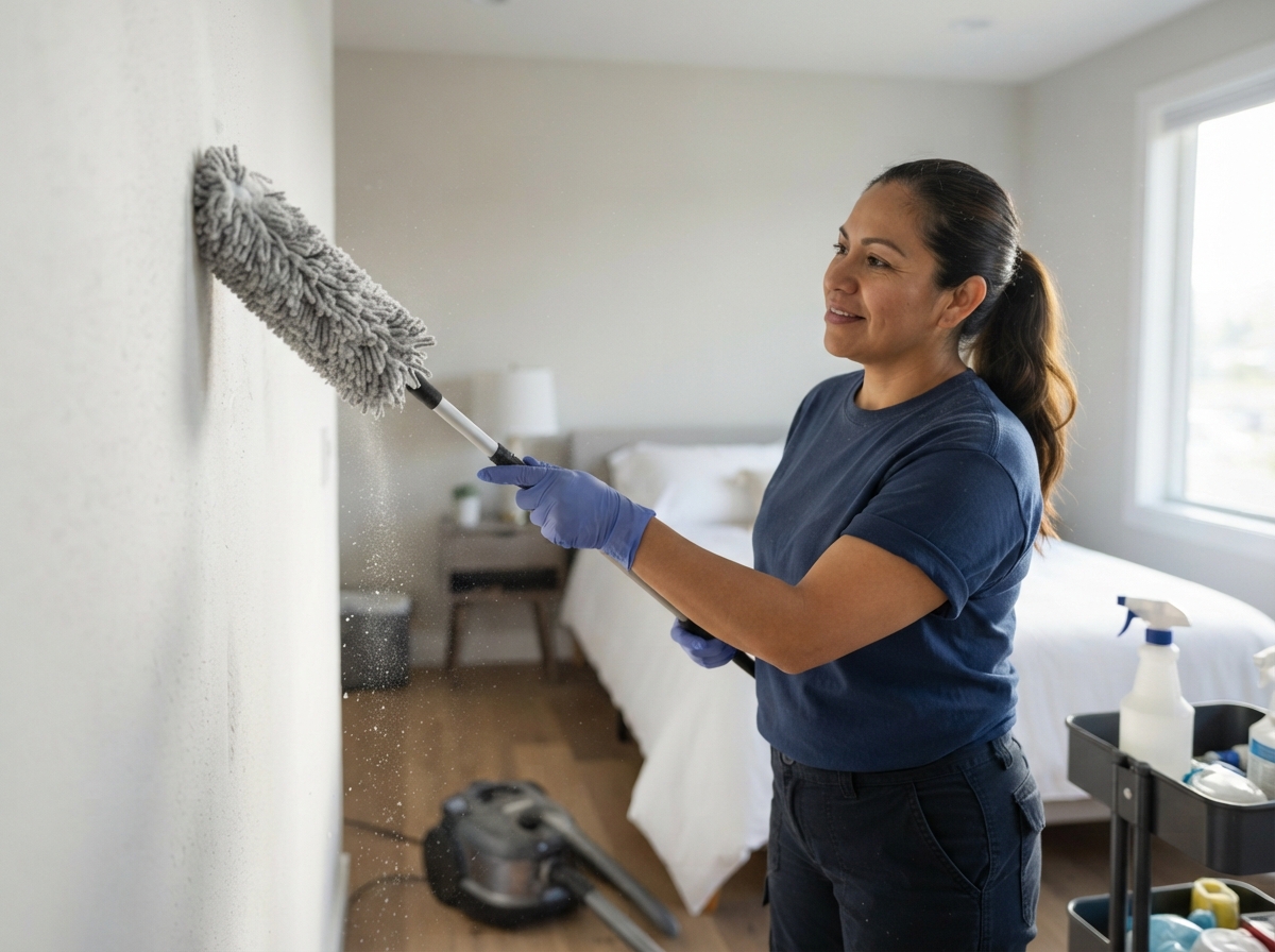 woman cleaning a wall with a cleaning tool
