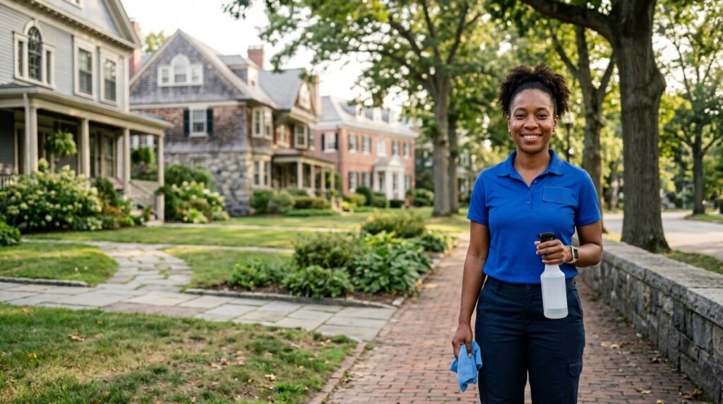 Black woman holding a spray bottle and a cloth in a landscape in front of a house