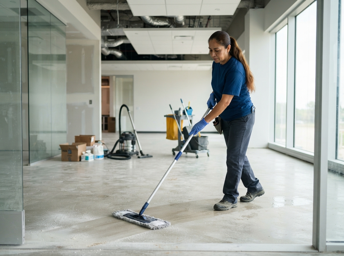 Woman holding a mop and cleaning an office floor, performing post-construction cleaning.