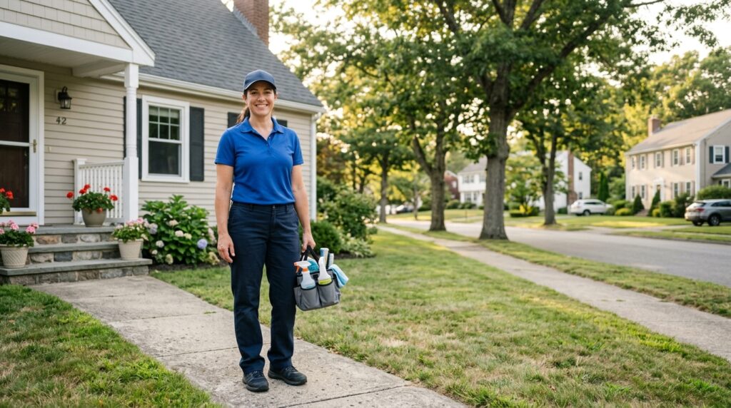 White woman holding a bucket of cleaning supplies in front of a house.