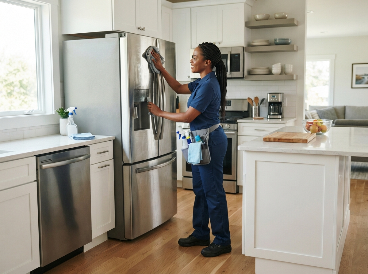 woman cleaning the refrigerator in the kitchen