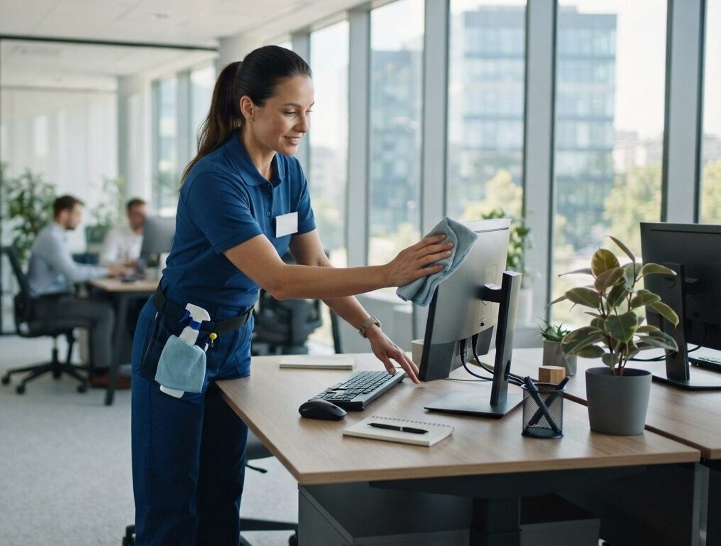 woman cleaning an office desk