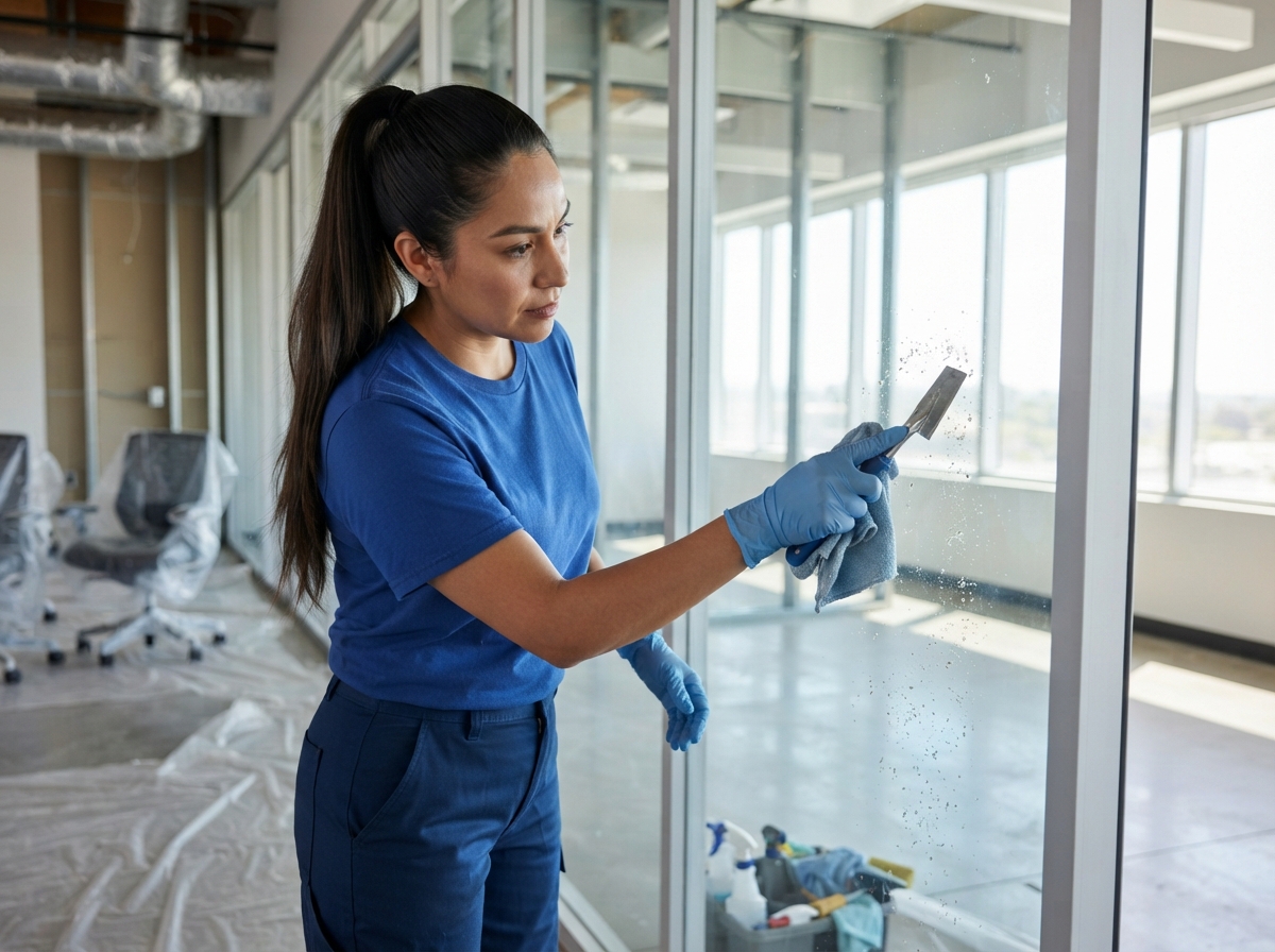 A woman holding a window-cleaning tool while cleaning an office window.