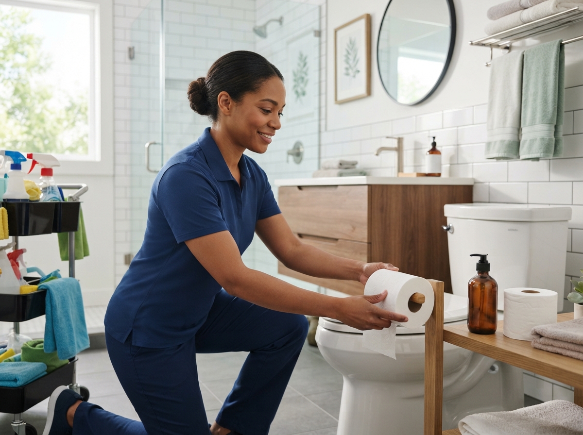 woman organizing toilet paper in the bathroom