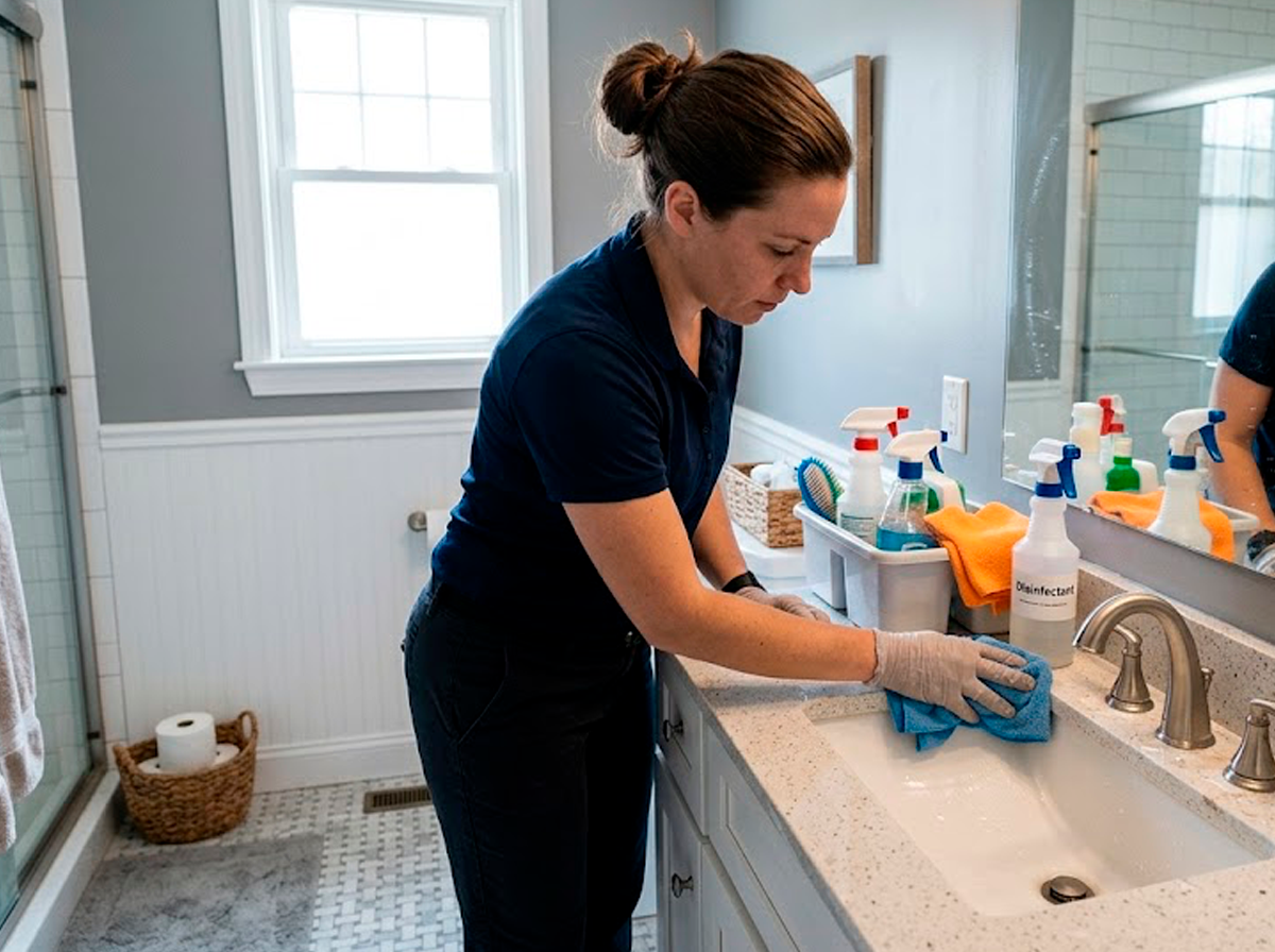 A woman in uniform cleaning a bathroom sink with a cloth.