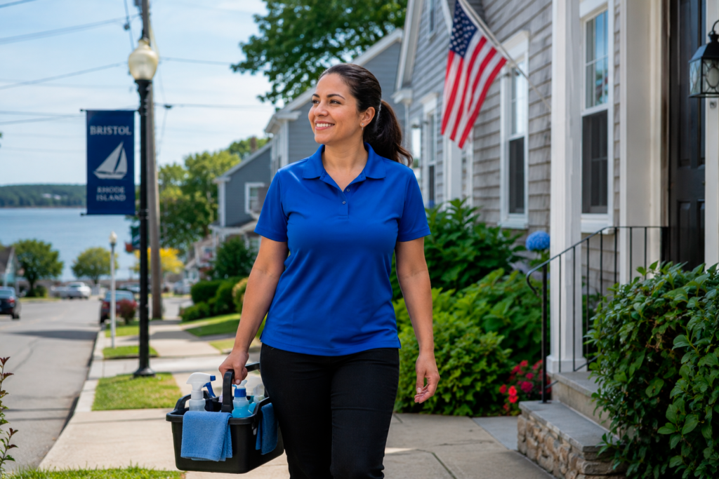 White woman holding a bucket of cleaning supplies in front of a house.