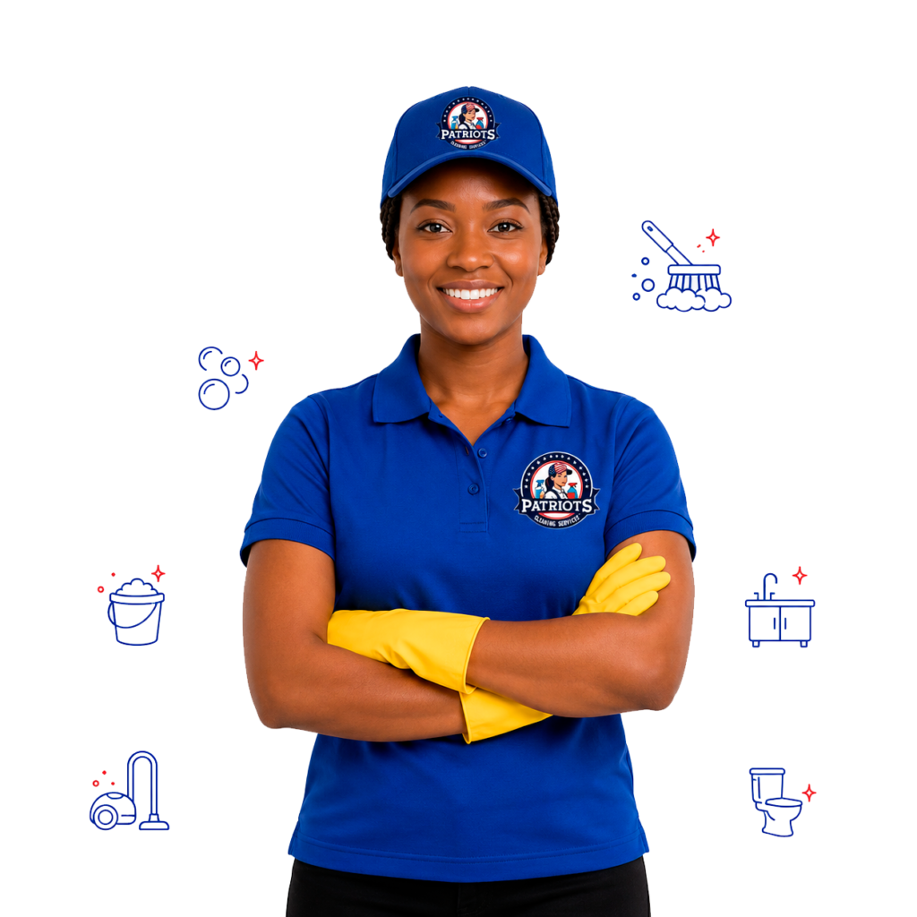Black woman in uniform and cleaning gloves, smiling