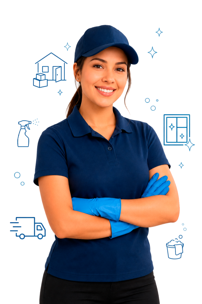 A woman in uniform and cleaning gloves, smiling with her arms crossed.