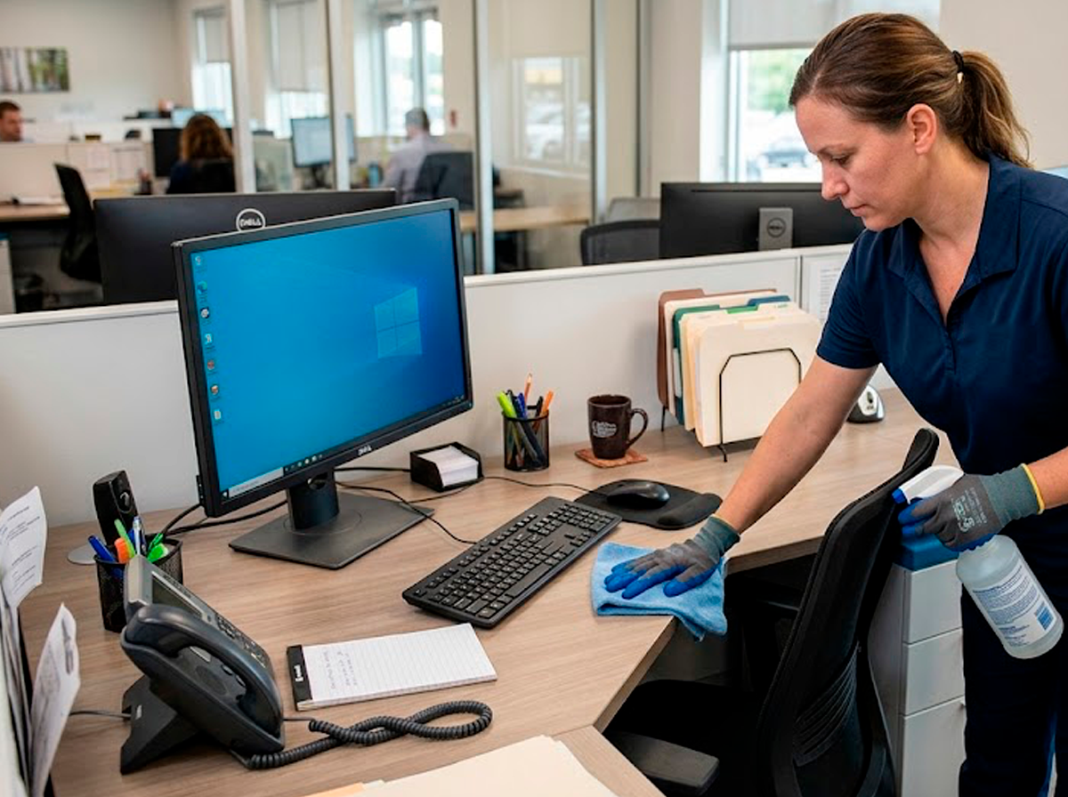 Woman in uniform cleaning an office desk