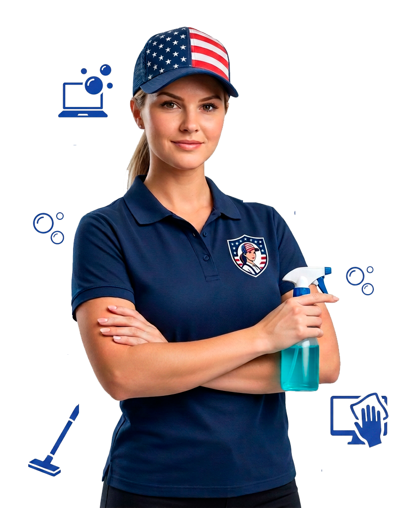 woman in uniform holding a spray bottle and smiling slightly