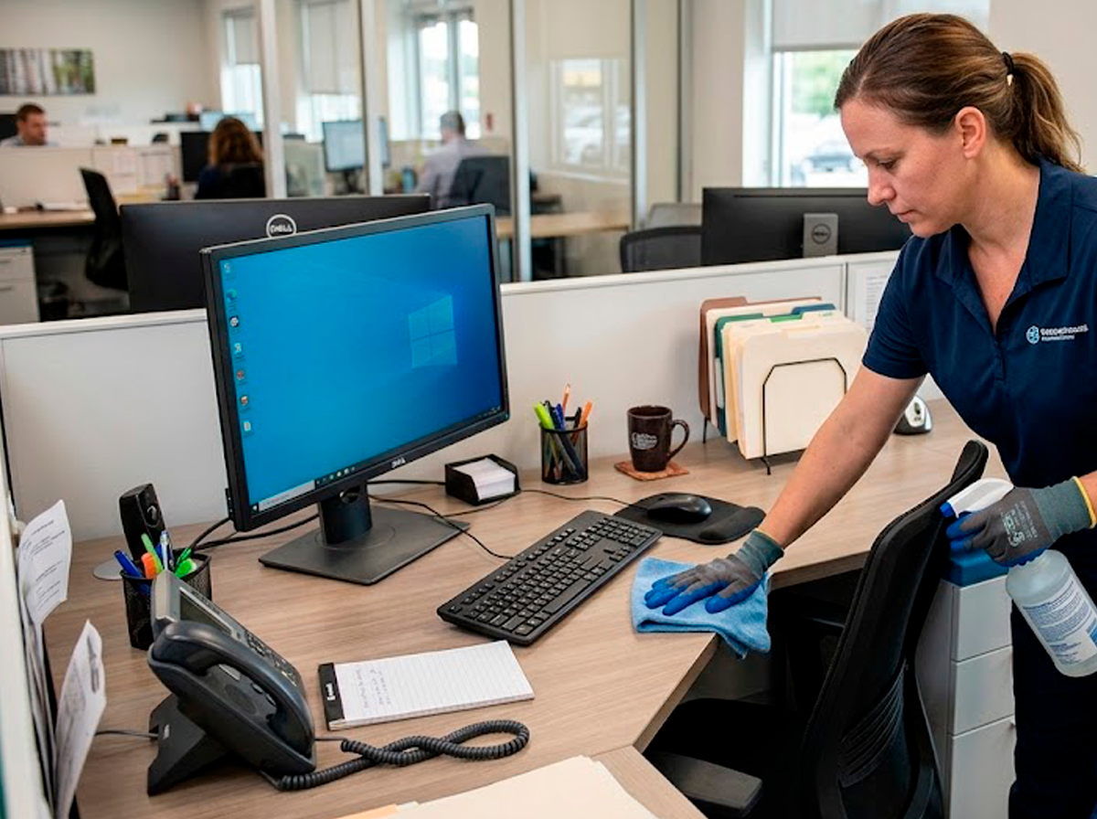 Woman in uniform cleaning an office desk