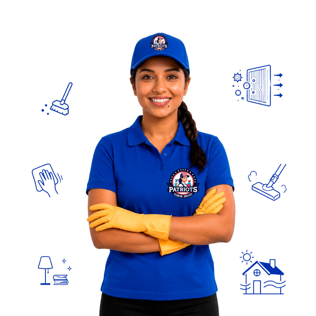 A woman in uniform and cleaning gloves, smiling with her arms crossed.